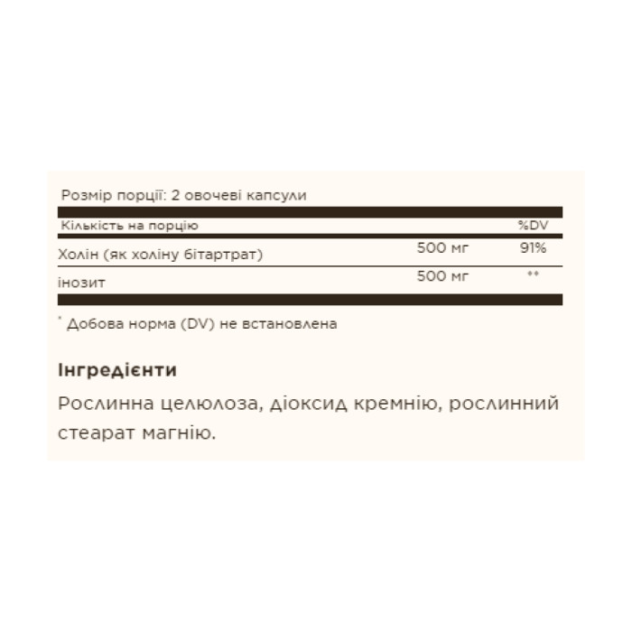 Choline/Inositol 500 mg/500 mg - 100 vcaps — офіційна ціна та характеристики