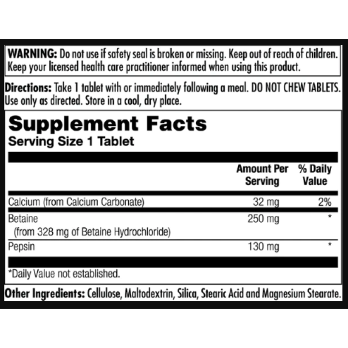 Betaine HCl Plus 250mg - 100 tabs — офіційна ціна та характеристики