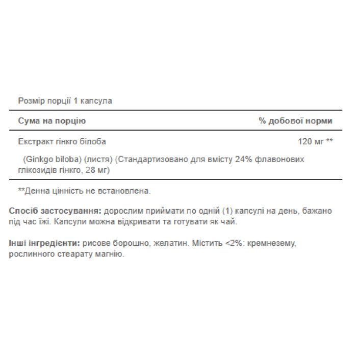 Ginkgo Biloba Standardized Extract 120mg - 100caps — офіційна ціна та характеристики
