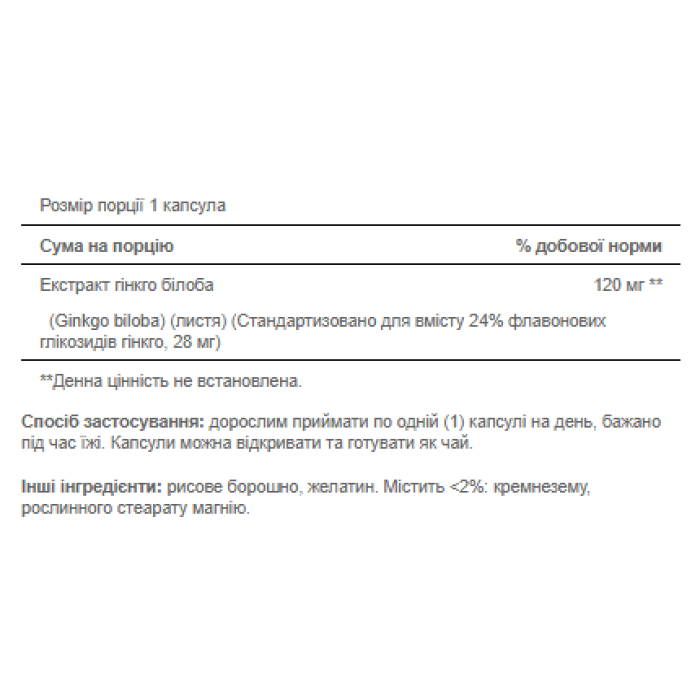 Ginkgo Biloba Standardized Extract 120mg - 200caps — офіційна ціна та характеристики