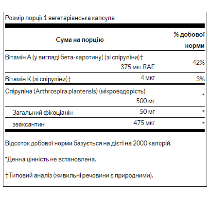 Spirulina Blue-Green Alhae 500mg - 90veg caps — офіційна ціна та характеристики