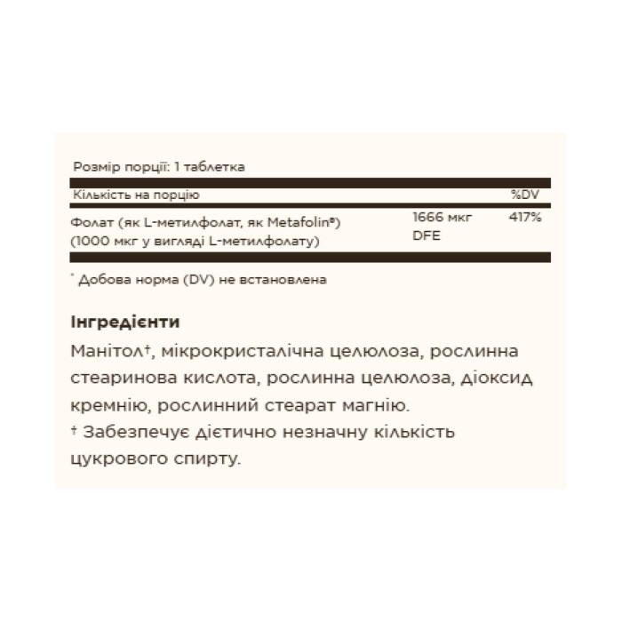 Folate 1000 mcg (as Metafolin) - 120 tabs — офіційна ціна та характеристики