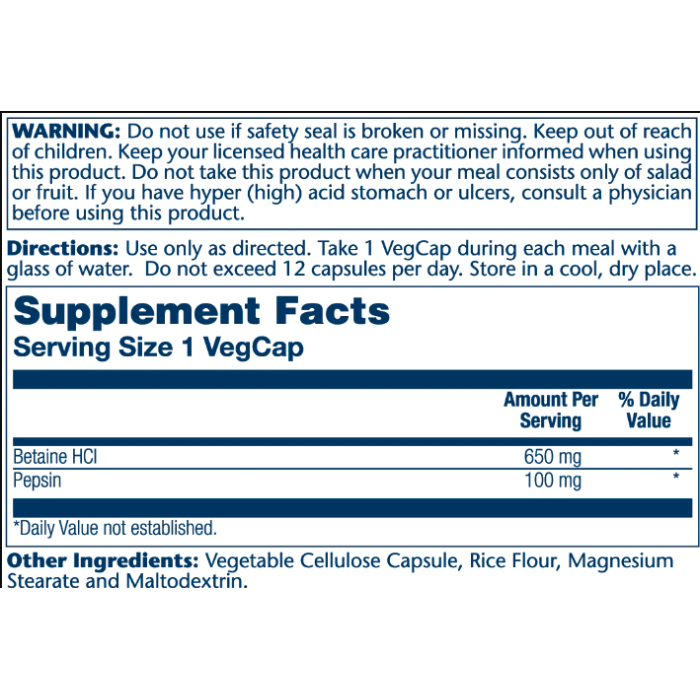 High Potency Betain HCl with Pepsin 650mg - 100 vcaps — офіційна ціна та характеристики