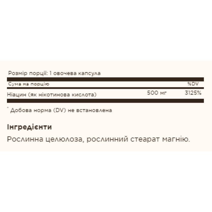 Niacin (Vitamin B3) 500mg - 100 vcaps — офіційна ціна та характеристики