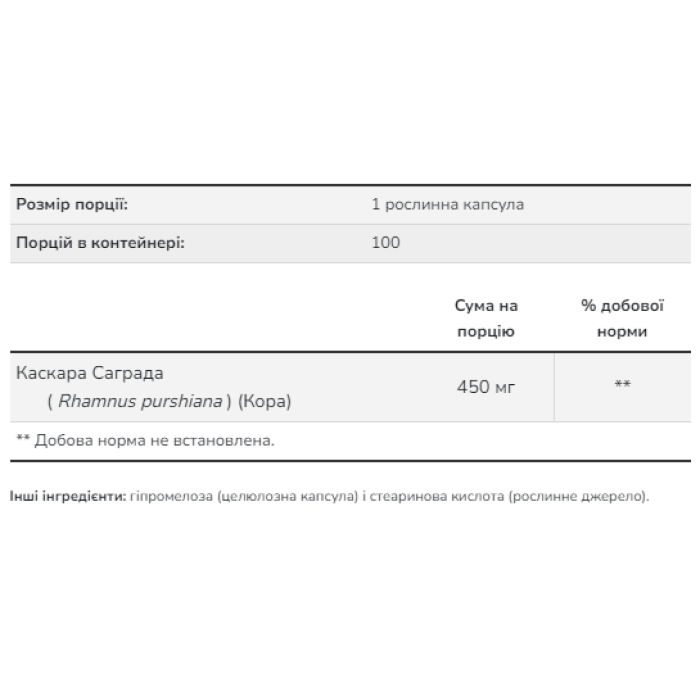 Cascara Sagrada 450 mg - 100 vcaps — офіційна ціна та характеристики