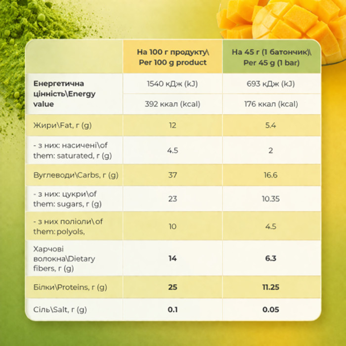 Protein Bar - 12x45g Mango Matcha — офіційна ціна та характеристики