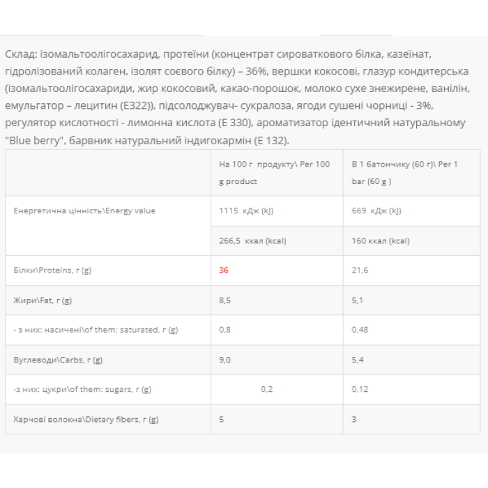 Power Pro 36% Sugar Free - 20x60g Blue berry — офіційна ціна та характеристики