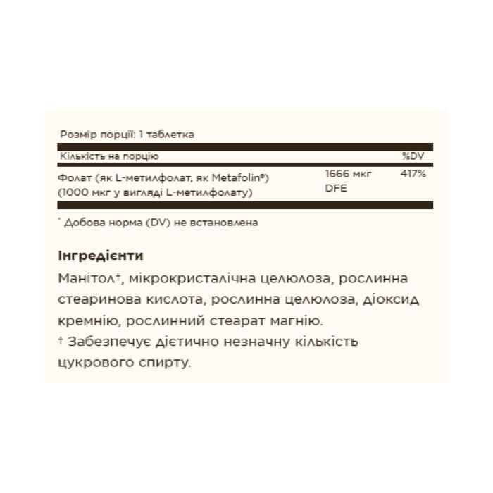 Folate 1000mcg (Metafolin® 1,000 mcg) - 60 tabs — офіційна ціна та характеристики